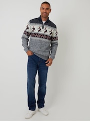 Threadbare Blue Ski Fairisle Cable Knit Quarter Zip Jumper - Image 4 of 5