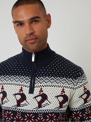 Threadbare Blue Ski Fairisle Cable Knit Quarter Zip Jumper - Image 5 of 5