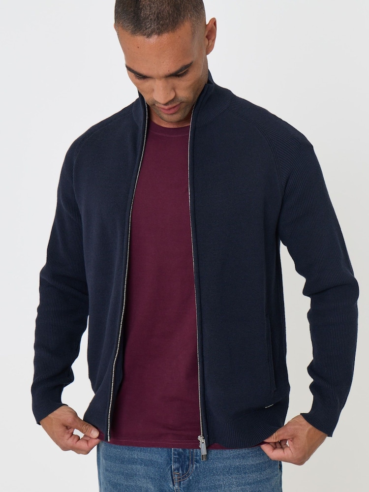 Threadbare Blue Knitted Zip Up Funnel Neck Cardigan - Image 1 of 6 Threadbare Blue Knitted Zip Up Funnel Neck Cardigan - Image 1 of 6