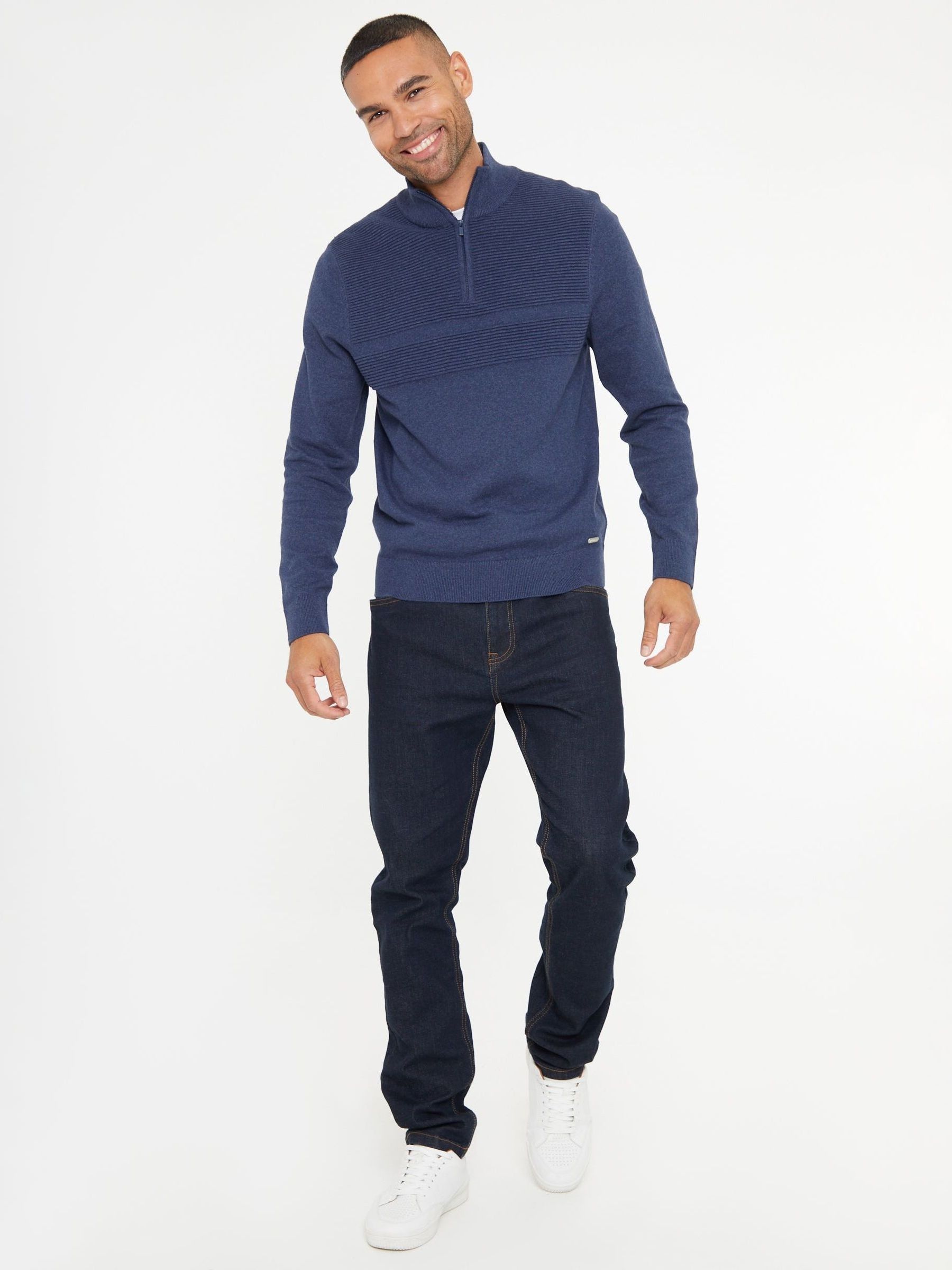 Threadbare Men's Blue Rib Detail Knitted Quarter Zip Jumper In Denim - Image 3