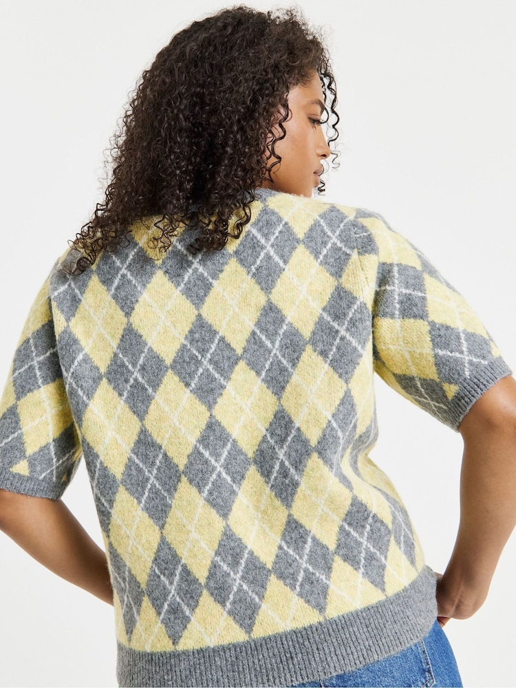Simply Be Yellow Argyle Jumper - Image 2 of 4