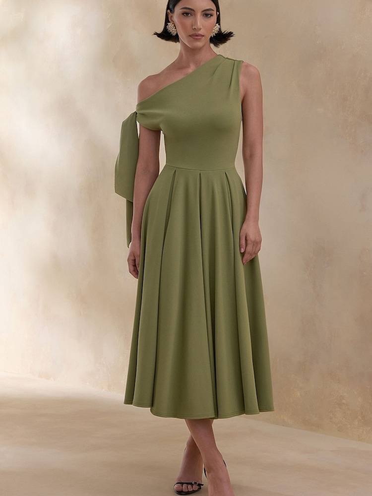 Club L London Green Daring | Asymmetric-Neck Midi Dress With Knot-Detail - Image 1 of 5 Club L London Green Daring | Asymmetric-Neck Midi Dress With Knot-Detail - Image 1 of 5