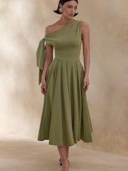 Club L London Green Daring | Asymmetric-Neck Midi Dress With Knot-Detail - Image 4 of 5