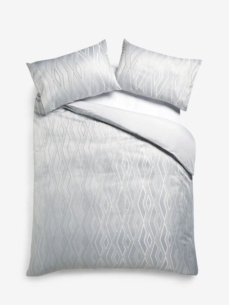 Silver Diamond Jacquard Duvet Cover and Pillowcase Set - Image 2 of 5 Silver Diamond Jacquard Duvet Cover and Pillowcase Set - Image 2 of 5