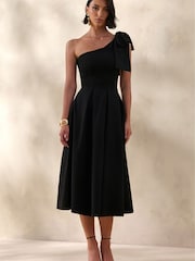 Club L London Black Meria | Asymmetric-Neck Midi Dress With Bow-Sleeve - Image 1 of 5