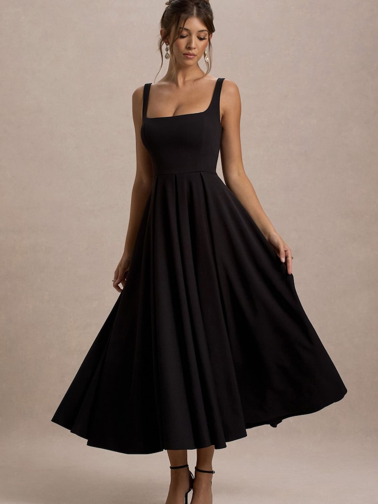 Club L London Black Strappy Volume Hem Midi Dress - Image 1 of 5