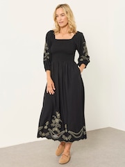 FatFace Adele Black Embroidered Midi Dress - Image 1 of 6