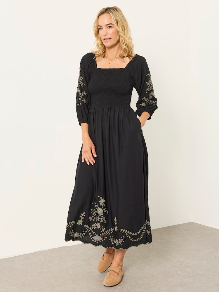FatFace Adele Black Embroidered Midi Dress - Image 1 of 6 FatFace Adele Black Embroidered Midi Dress - Image 1 of 6