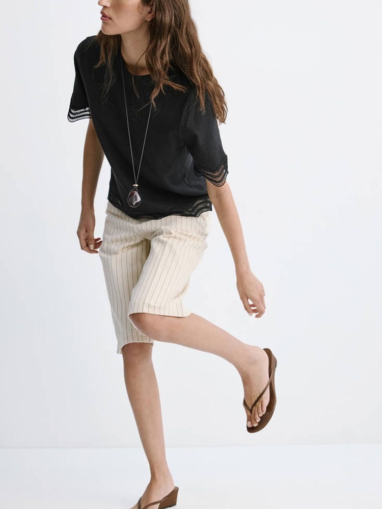 Mango Black Scallop Hem Broderie T-Shirt - Image 1 of 6