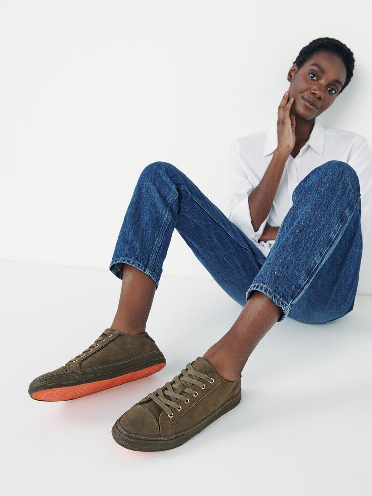 Khaki Green/Coral Lace Up Baseball Trainers - Image 2 of 7