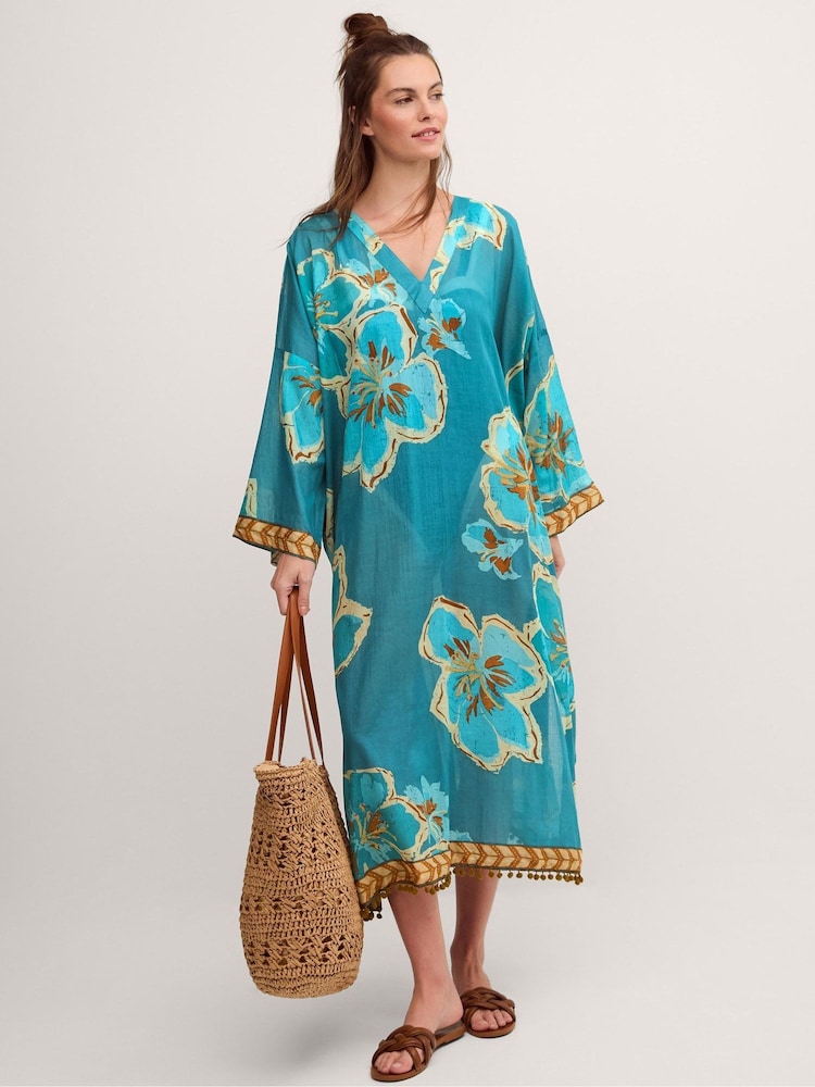 Monsoon Blue Yasmin Floral Print Midi Kaftan - Image 1 of 3 Monsoon Blue Yasmin Floral Print Midi Kaftan - Image 1 of 3