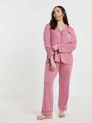 Simply Be Pink Contrast Piping Revere Pyjamas Set - Image 1 of 4