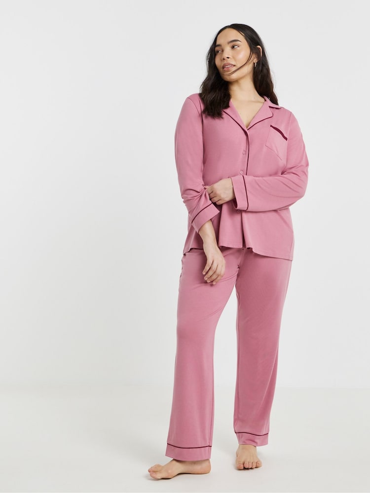 Simply Be Pink Contrast Piping Revere Pyjamas Set - Image 1 of 4