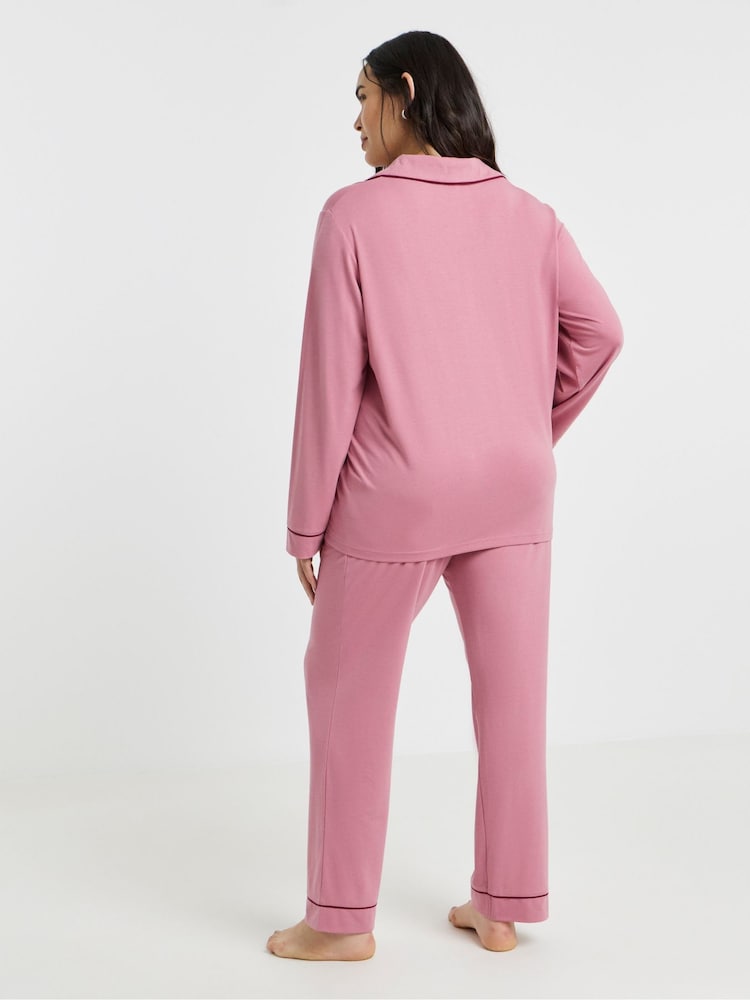 Simply Be Pink Contrast Piping Revere Pyjamas Set - Image 2 of 4