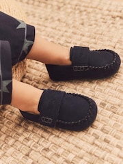 Navy Recycled Faux Fur Lined Moccasin Slippers - Image 1 of 6