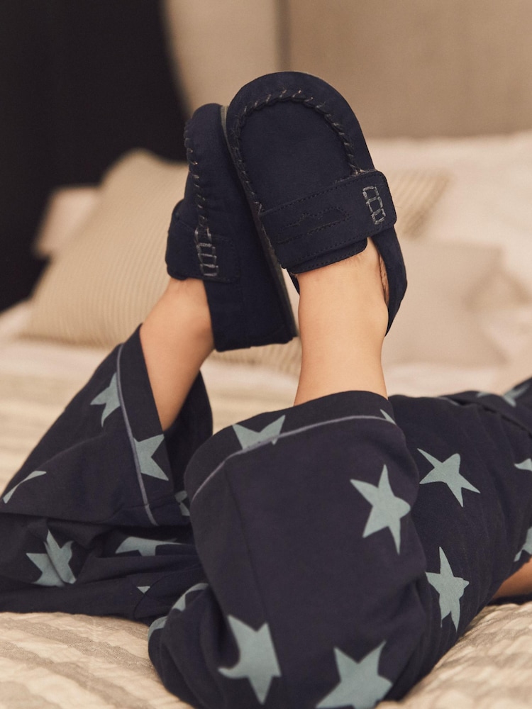 Navy Recycled Faux Fur Lined Moccasin Slippers - Image 2 of 6