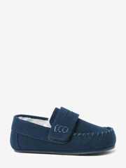 Navy Recycled Faux Fur Lined Moccasin Slippers - Image 3 of 6