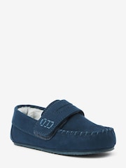 Navy Recycled Faux Fur Lined Moccasin Slippers - Image 4 of 6