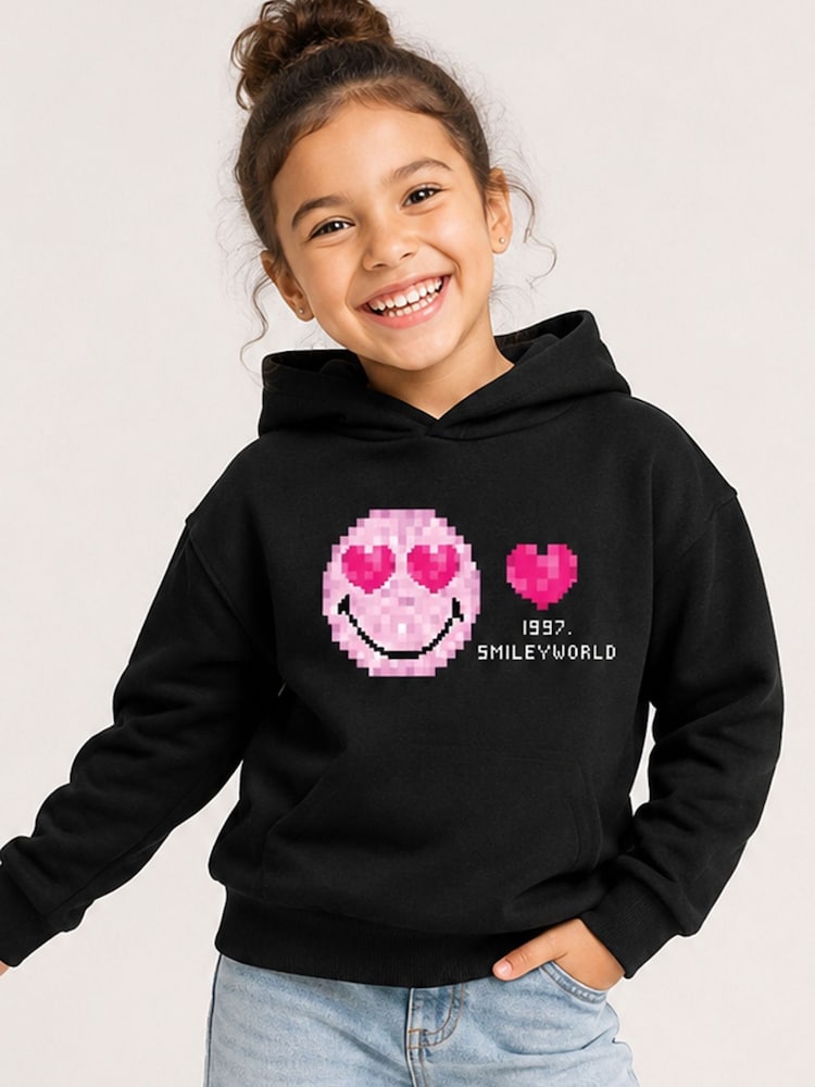 Brand Threads Black Hoodie with Iconic Face Print - Image 1 of 5 Brand Threads Black Hoodie with Iconic Face Print - Image 1 of 5