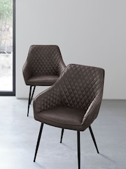 Set of 2 Monza Faux Leather Peppercorn Brown Hamilton Black Leg Quilted Dining Chairs - Image 1 of 6