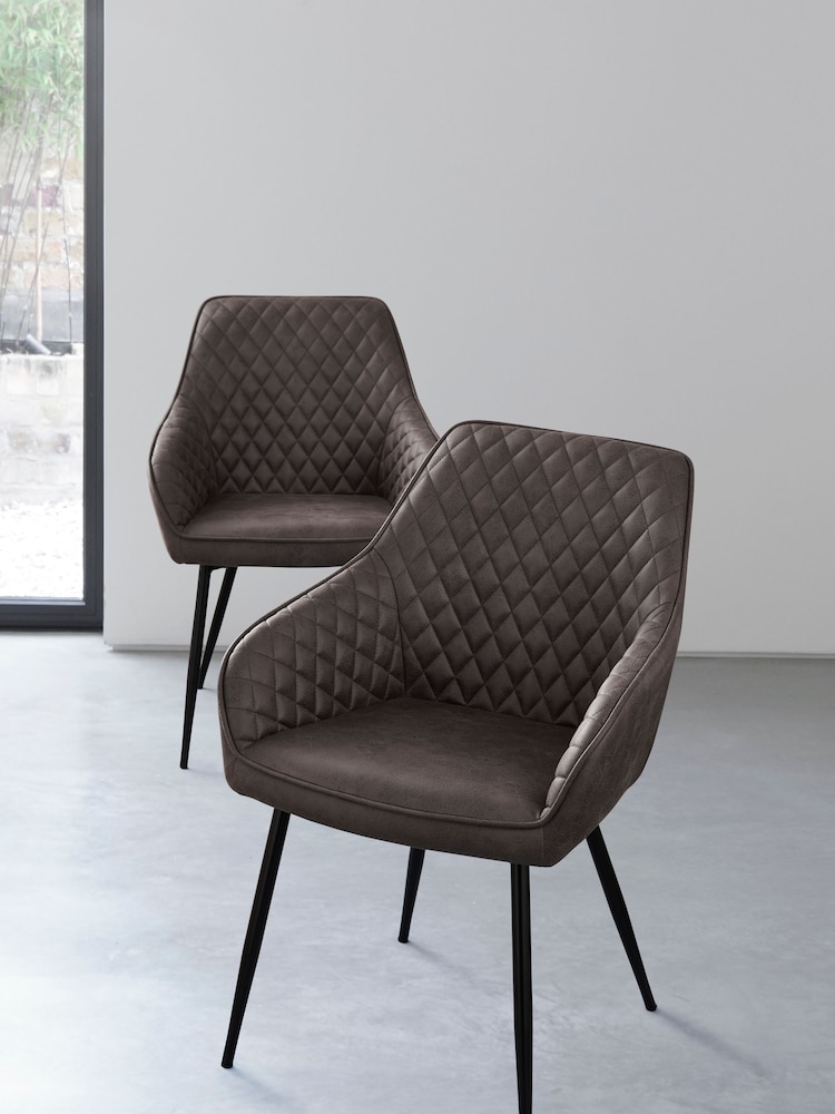 Set of 2 Monza Faux Leather Peppercorn Brown Hamilton Black Leg Quilted Dining Chairs - Image 1 of 6