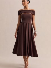Club L London Brown Mavina | Bardot-Neck Midi Dress - Image 1 of 5