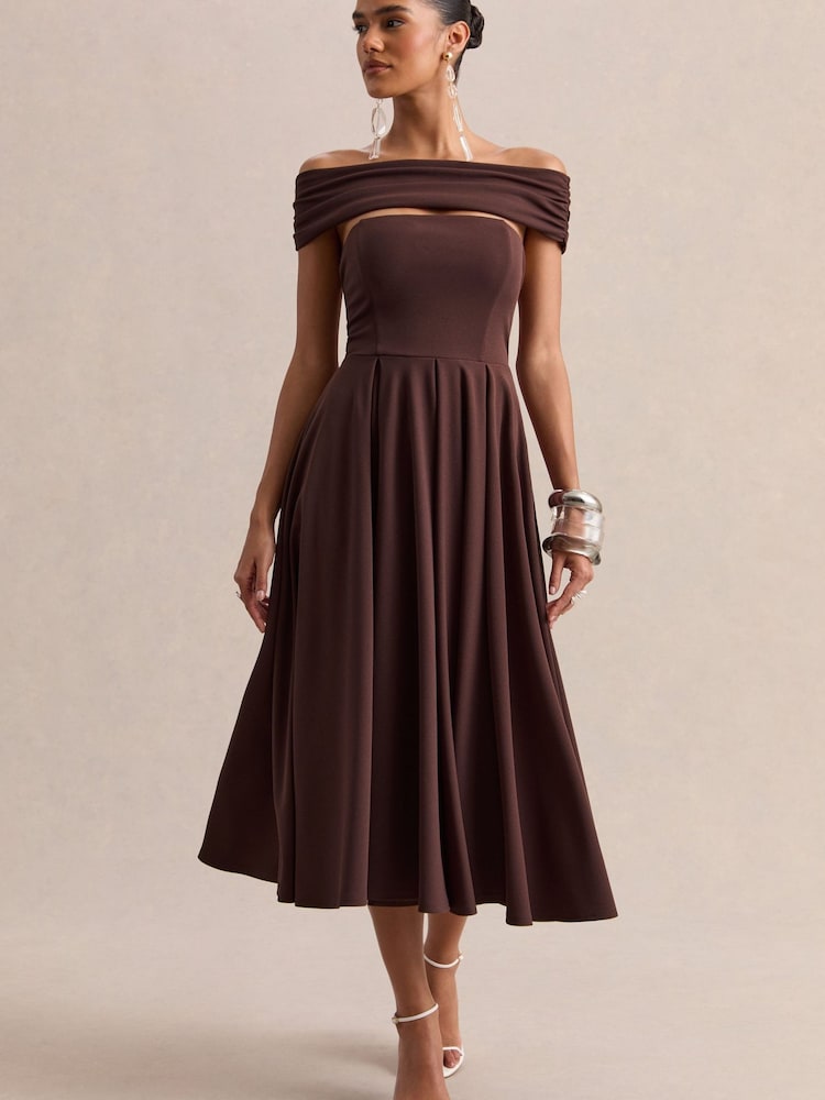 Club L London Brown Mavina | Bardot-Neck Midi Dress - Image 1 of 5 Club L London Brown Mavina | Bardot-Neck Midi Dress - Image 1 of 5