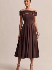 Club L London Brown Mavina | Bardot-Neck Midi Dress - Image 2 of 5
