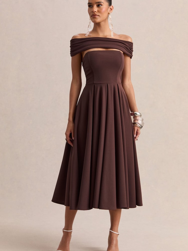 Club L London Brown Mavina | Bardot-Neck Midi Dress - Image 2 of 5 Club L London Brown Mavina | Bardot-Neck Midi Dress - Image 2 of 5
