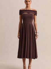 Club L London Brown Mavina | Bardot-Neck Midi Dress - Image 3 of 5