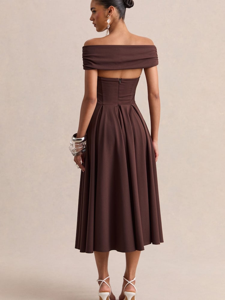 Club L London Brown Mavina | Bardot-Neck Midi Dress - Image 5 of 5 Club L London Brown Mavina | Bardot-Neck Midi Dress - Image 5 of 5