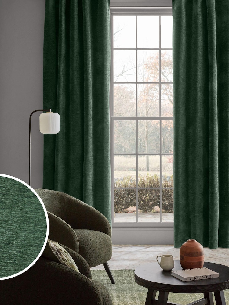 Green Soft Touch Chenille Lined Eyelet Curtains - Image 1 of 6