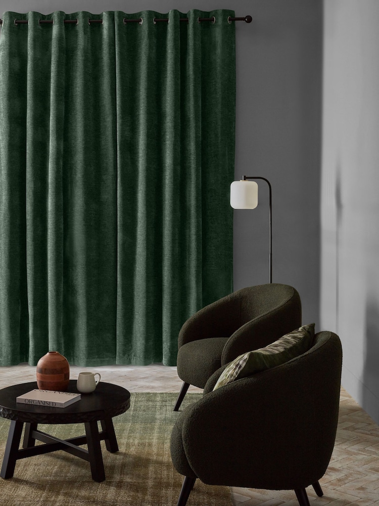 Green Soft Touch Chenille Lined Eyelet Curtains - Image 2 of 6