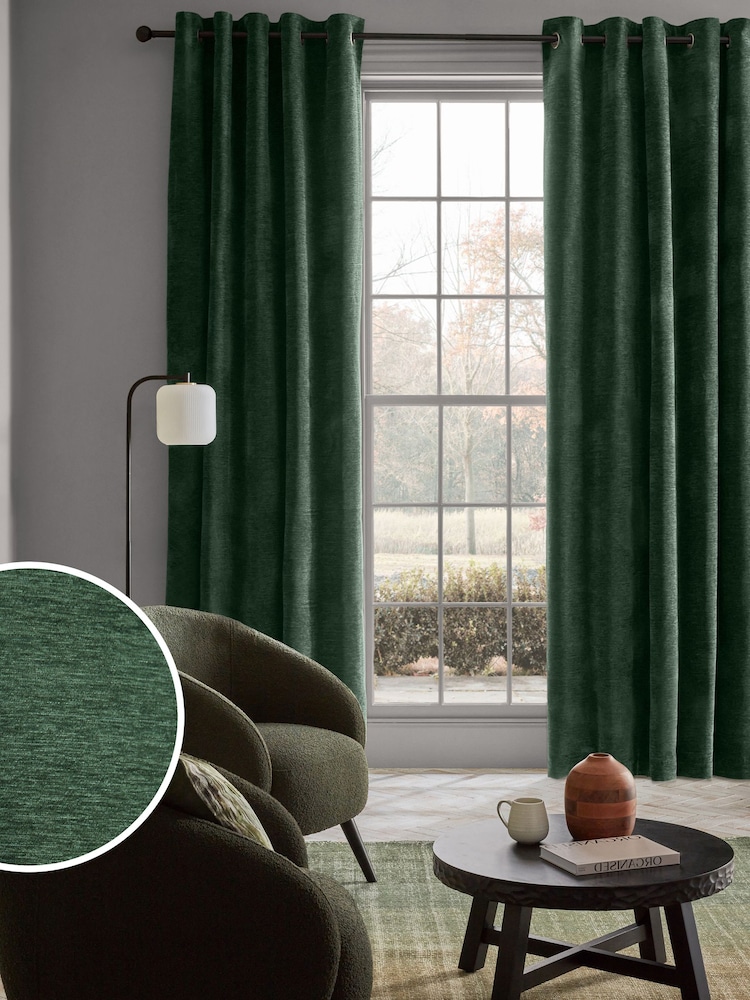 Green Soft Touch Chenille Lined Eyelet Curtains - Image 6 of 6