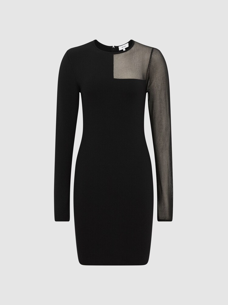 Reiss Black Kat Sheer Panel Knitted Bodycon Mini Dress - Image 2 of 6