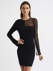 Reiss Black Kat Sheer Panel Knitted Bodycon Mini Dress - Image 3 of 6
