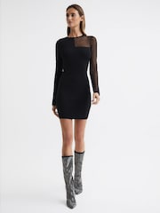 Reiss Black Kat Sheer Panel Knitted Bodycon Mini Dress - Image 6 of 6