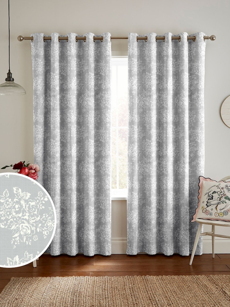 Cath Kidston Grey Washed Rose Made To Measure 100% Cotton Curtains - Image 1 of 9