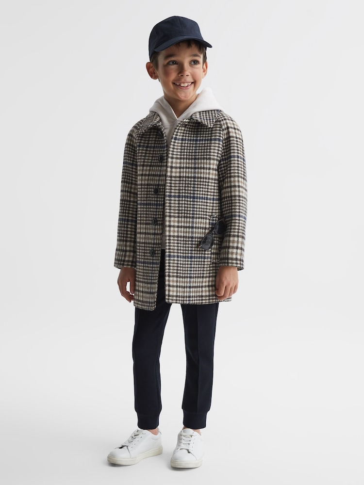 Reiss Brown Check Jojo 9-12 yrs Single Breasted Raglan Overcoat - Image 1 of 8