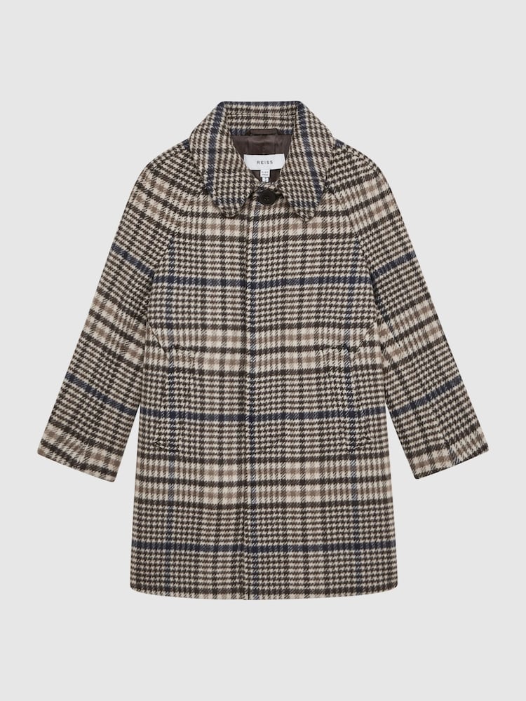 Reiss Brown Check Jojo 9-12 yrs Single Breasted Raglan Overcoat - Image 2 of 8