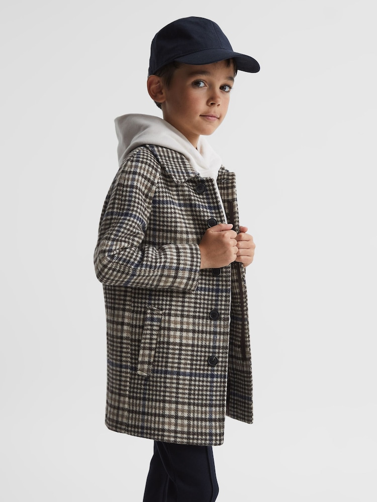 Reiss Brown Check Jojo Junior Single Breasted Raglan Overcoat - Image 1 of 8