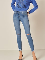 Mid Blue Rip Knee & Hem Detail Power Stretch Denim Leggings - Image 1 of 4