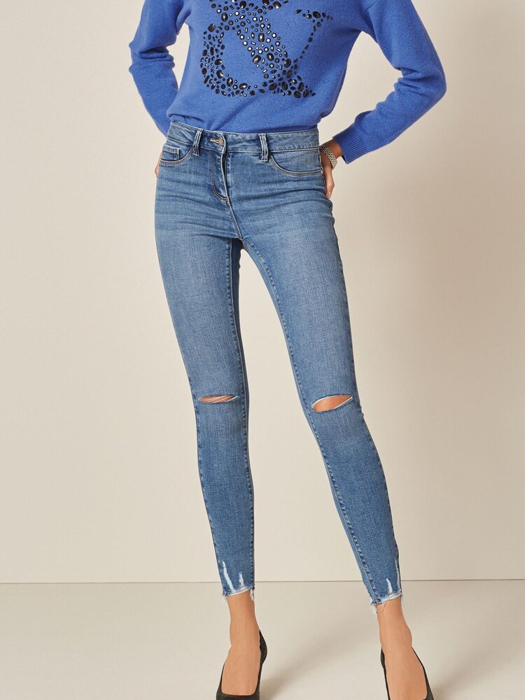 Mid Blue Rip Knee & Hem Detail Power Stretch Denim Leggings - Image 1 of 4
