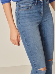 Mid Blue Rip Knee & Hem Detail Power Stretch Denim Leggings - Image 3 of 4