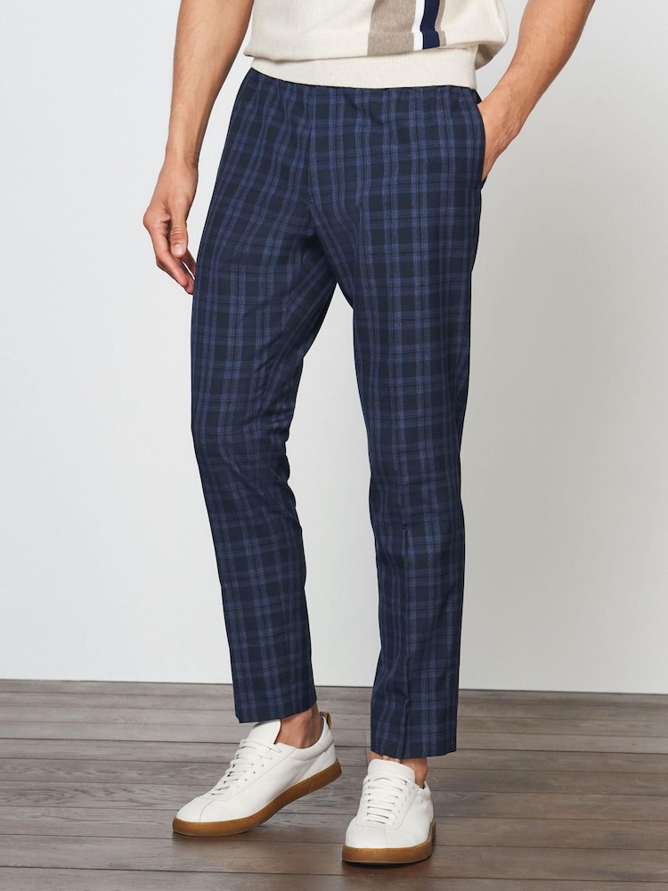 Navy Blue Drawstring Check Formal Joggers - Image 1 of 3 Navy Blue Drawstring Check Formal Joggers - Image 1 of 3