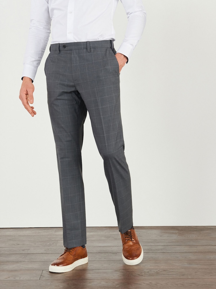 Grey Slim Fit Motion Flex Wool Blend Check Trousers - Image 1 of 6 Grey Slim Fit Motion Flex Wool Blend Check Trousers - Image 1 of 6