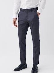 Navy Blue Slim Fit Motion Flex Wool Blend Check Trousers - Image 1 of 5