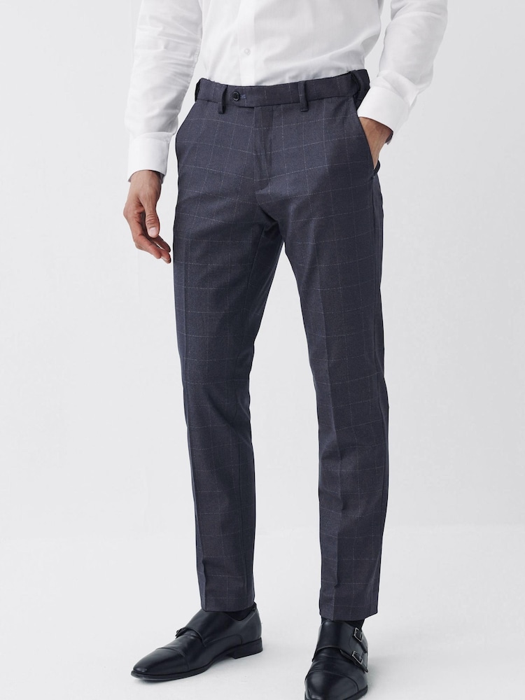 Navy Blue Slim Fit Motion Flex Wool Blend Check Trousers - Image 1 of 5 Navy Blue Slim Fit Motion Flex Wool Blend Check Trousers - Image 1 of 5