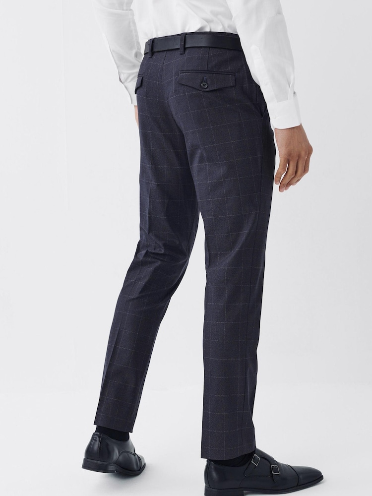 Navy Blue Slim Fit Motion Flex Wool Blend Check Trousers - Image 2 of 5 Navy Blue Slim Fit Motion Flex Wool Blend Check Trousers - Image 2 of 5