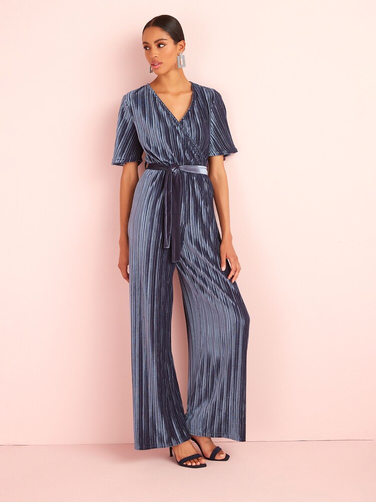 Grey Velvet Plissé Wrap Jumpsuit - Image 1 of 5 Grey Velvet Plissé Wrap Jumpsuit - Image 1 of 5